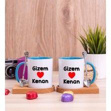 Hediye Dükkanı Kişiye Özel Sevgililere Özel Isim Yazılı Ikili Ahşap Altlıklı Mavi Kupa Bardak