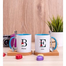 Hediye Dükkanı Kişiye Özel Baş Harfli ve Isimli Ikili Ahşap Altlıklı Mavi Kupa Bardak