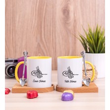 Hediye Dükkanı Kişiye Özel Osmanlı Tuğralı Ikili Ahşap Altlıklı Sarı Kupa Bardak