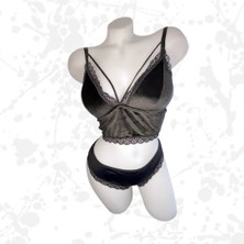 Raymal Fashion Ön Kısmı Ip ve Dantelli Üçgen Siyah Kadife Bustiyer Takımı