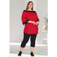 Kırmızı Renk Puantiyeli Battal Büyük Beden LDY-10572 Kapri Pijama Takımı