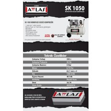 Attlas SK1050 Monofaze Sessiz Kompresör 230 V 8 Bar 50 Lt