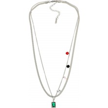 Modamugo Çelik Ikili Zincir Kolye, Renkli Taşlı