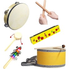 Ayas Eğitici Oyuncak 6'li Ritim Seti Deri Davul - Deri Tef - El Davulu- Ritim Çubuğu - Renkli Çocuk Mızıka -Marakas