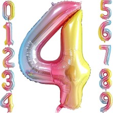 Patladı Gitti 4 Dört Rakam Gökkuşağı Folyo Balon 34" Inc 76 cm