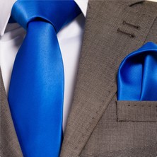 Exve Exclusive Mavi Tek Renk Mendili Sabit Dikişli Kravat Mendil Seti Kravat Mendil Seti