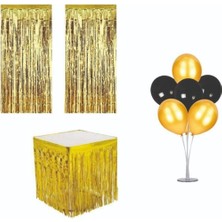 Best Parti Püsküllü Metalize Gold Masa Eteği+Duvar Kapı Perdesi+Balon Standı
