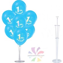 Best Parti 7'li Balon Standı 7 Adet 1 Yaş Baskılı Mavi Balon