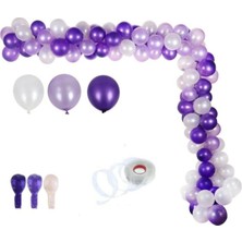 Best Parti 50 Adet 12 Inç Metalik Parti Balonu Metalik Mor - Metalik Lila - Beyaz + 5 mt Balon Zinciri