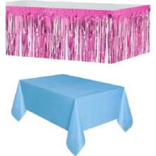 Best Parti Pembe Metalize Masa Etegi + Plastik Mavi Masa Örtüsü