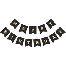 Best Parti Happy Bırthday Gold Varaklı Siyah Banner Yazı