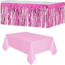 Best Parti Pembe Metalize Masa Eteği ile Plastik Pembe Masa Örtüsü 2 Parça Eğlenceli Set