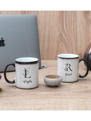 Hediye Dükkanı Kişiye Özel Baş Harfli Çiçek Tasarım Ikili Sihirli Kupa Bardak