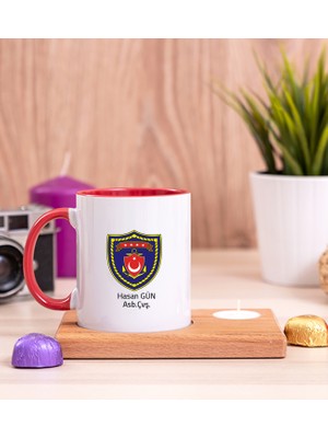 Hediye Dükkanı Kişiye Özel  Deniz Kuvvetleri Ahşap Altlıklı Mumlu Kırmızı Kupa Bardak