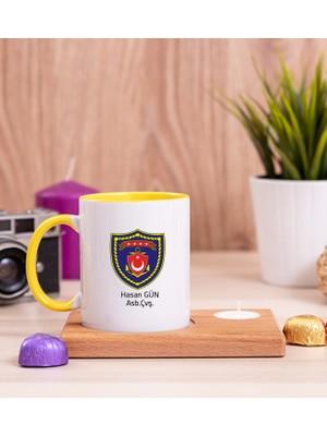 Hediye Dükkanı Kişiye Özel  Deniz Kuvvetleri Ahşap Altlıklı Mumlu Sarı Kupa Bardak