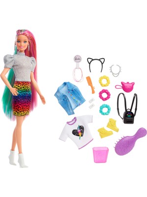 Barbie Leopar Desenli Saçlar Bebeği, 16 Adet Saç Ve Giysi Aksesuarı İle Sarışın Bebek, 3-7 Yaş Arası İçin Grn81