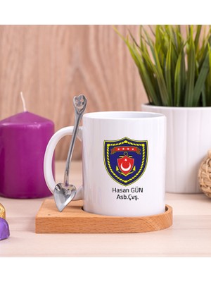 Hediye Dükkanı Kişiye Özel  Deniz Kuvvetleri Ahşap Altlıklı Kaşıklı Beyaz Kupa Bardak