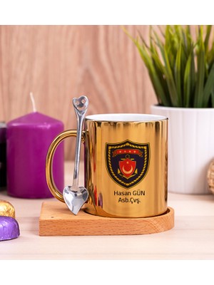 Hediye Dükkanı Kişiye Özel  Deniz Kuvvetleri Ahşap Altlıklı Kaşıklı Gold Kupa Bardak