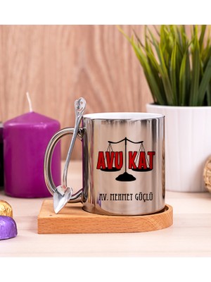 Hediye Dükkanı Kişiye Özel  Avukat Ahşap Altlıklı Kaşıklı Silver Kupa Bardak