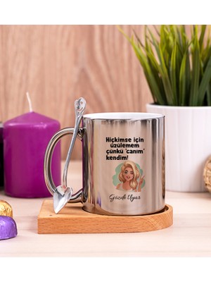 Hediye Dükkanı Kişiye Özel  Canım Kendim Ahşap Altlıklı Kaşıklı Silver Kupa Bardak