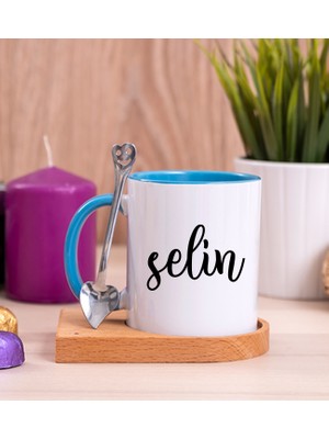 Hediye Dükkanı Kişiye Özel  Kişiye Özel Isim Yazılı Ahşap Altlıklı Kaşıklı Mavi Kupa Bardak