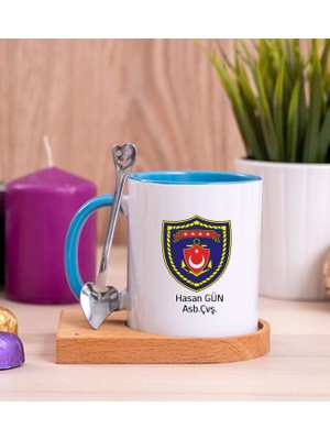 Hediye Dükkanı Kişiye Özel  Deniz Kuvvetleri Ahşap Altlıklı Kaşıklı Mavi Kupa Bardak