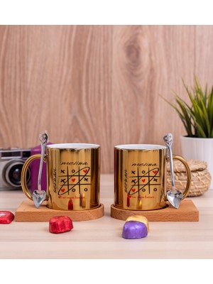 Hediye Dükkanı Kişiye Özel Aşk Her Zaman Kazanır Ikili Ahşap Altlıklı Gold Kupa Bardak