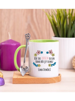 Hediye Dükkanı Kişiye Özel  Bir Tek Annem Olsun Ahşap Altlıklı Kaşıklı Yeşil Kupa Bardak