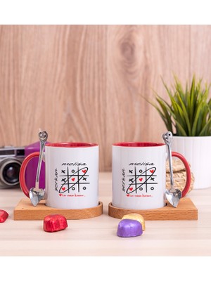 Hediye Dükkanı Kişiye Özel Aşk Her Zaman Kazanır Ikili Ahşap Altlıklı Kırmızı Kupa Bardak