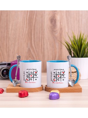 Hediye Dükkanı Kişiye Özel Aşk Her Zaman Kazanır Ikili Ahşap Altlıklı Mavi Kupa Bardak