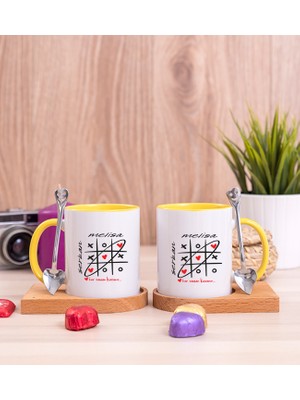 Hediye Dükkanı Kişiye Özel Aşk Her Zaman Kazanır Ikili Ahşap Altlıklı Sarı Kupa Bardak