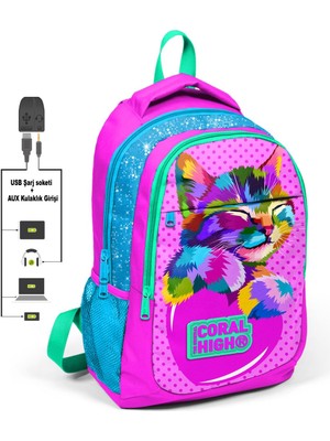 Coral High Kids Pembe Simli Üç Bölmeli USB Şarjlı Kulaklık Çıkışlı Sırt Çantası 24301