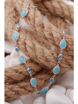 Sümer Telkari Turkuaz Damla Montürlü Rodyumlu Gümüş Bileklik 3898