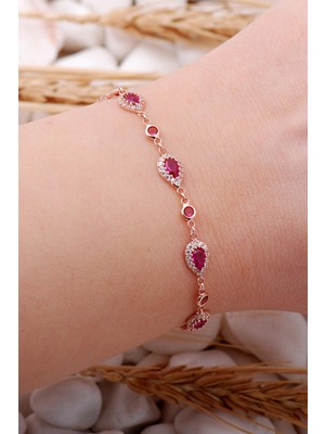 Sümer Telkari Kök Yakut Damla Montürlü Rose Gümüş Bileklik 3901