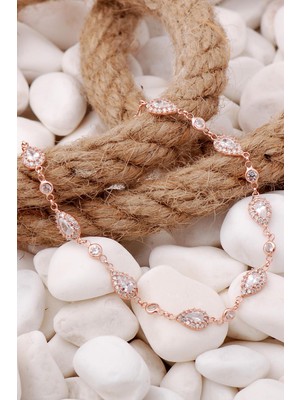 Sümer Telkari Zirkon Damla Montürlü Rose Gümüş Bileklik 3904