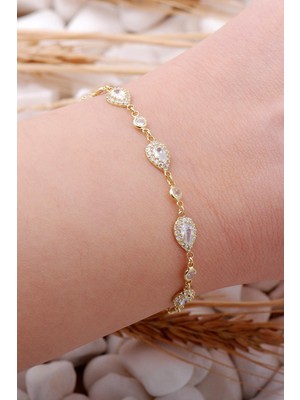 Sümer Telkari Zirkon Damla Montürlü Altın Yaldızlı Gümüş Bileklik 3905