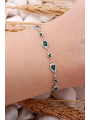 Sümer Telkari Yeşil Zirkon Damla Montürlü Rodyumlu Gümüş Bileklik 3909