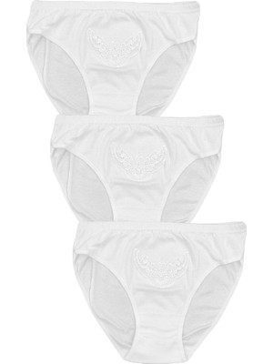 Fsm1453 Kadın Pamuklu Penyesi Ribana Bikini Normal Bel Slip Klasik Beyaz Güpürlü Külot 3'lü