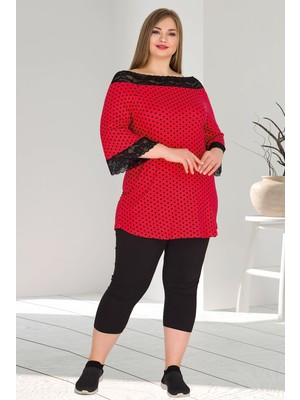 Kırmızı Renk Puantiyeli Battal Büyük Beden LDY-10572 Kapri Pijama Takımı