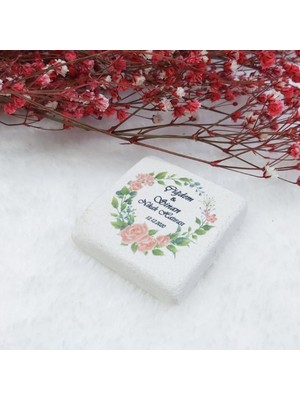 Hayaller Dükkanı 30 Adet Taş Magnet Nikah Şekeri Nişan Liği Yeşil Pembe Çiçekli 4,5x4,5 Kare
