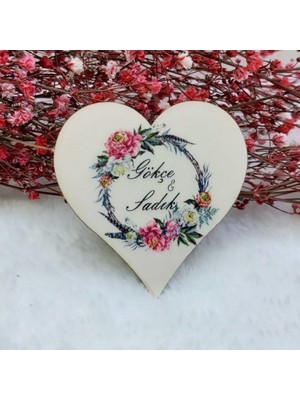 Hayaller Dükkanı 30 Adet Çiçekli Kalp Ahşap Nikah Magnet Uv Baskı Nişan Liği Ekonomik