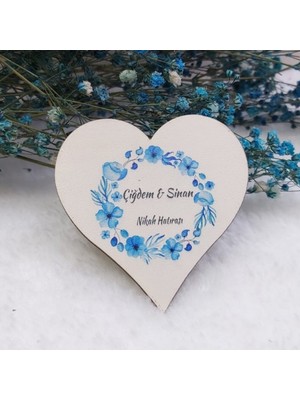 Hayaller Dükkanı 30 Adet Mavi Çiçekli Kalp Ahşap Nikah Magnet Uv Baskı Nişan Liği Ekonomik