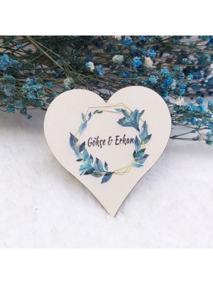 Hayaller Dükkanı 30 Adet Prizma Yeşil Çiçekli Kalp Ahşap Nikah Magnet Uv Baskı Nişan Liği Ekonomik