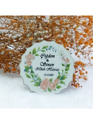 Hayaller Dükkanı 30 Adet Yeşil Pembe Çiçek Baskılı Çiçek Desenli Ahşap Nikah Magnet