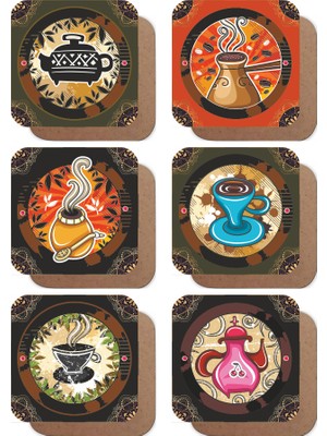Hayat Poster Renkli Retro Çay Kahve Temalı 6lı Ahşap Bardak Altlığı Seti-2