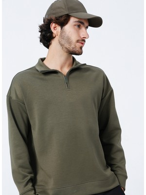 Fabrika E-Hw-21E15 Dik Yaka Basic Düz Haki Erkek Sweatshirt