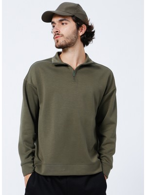 Fabrika E-Hw-21E15 Dik Yaka Basic Düz Haki Erkek Sweatshirt