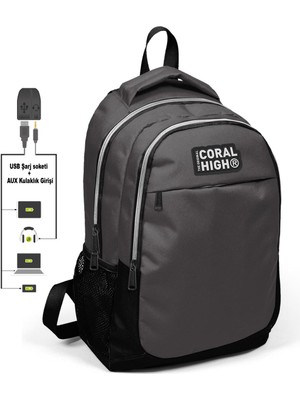 Coral High Kids Koyu Gri Üç Bölmeli USB Şarjlı Kulaklık Çıkışlı Sırt Çantası 24307