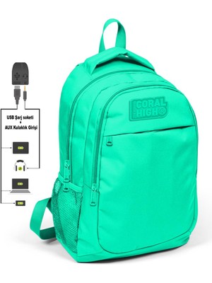 Coral High Kids Su Yeşili Üç Bölmeli USB Şarjlı Kulaklık Çıkışlı Sırt Çantası 24309