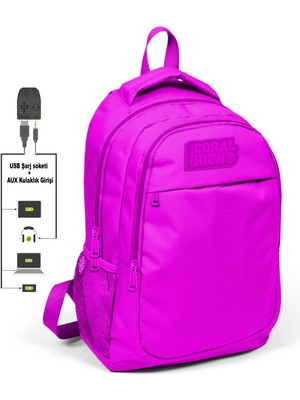 Coral High Kids Pembe-Pembe Üç Bölmeli USB Şarjlı Kulaklık Çıkışlı Sırt Çantası 24310